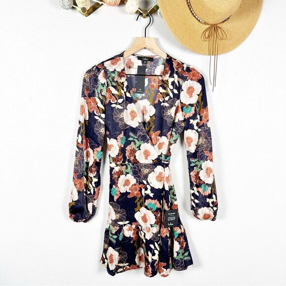 Lulus So Splendid Navy Blue Floral Satin Long Sleeve Wrap Mini Dress Size XS - Picture 2 of 8